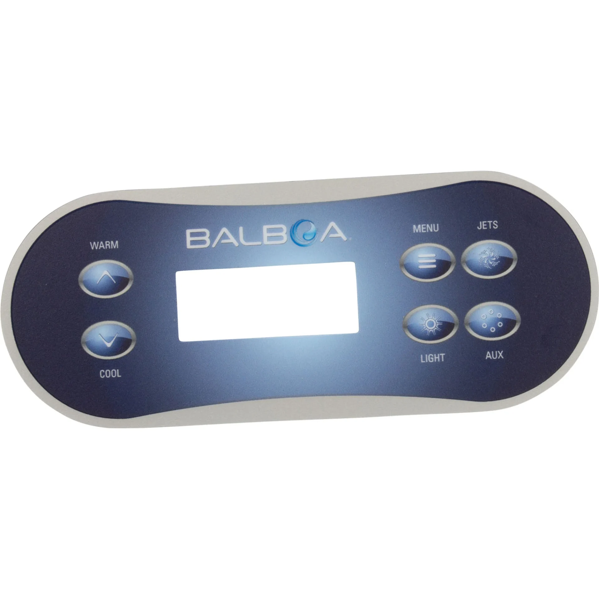 Balboa TP500S 6-button topside overlay 80-17204 labeled Warm and Cool on the left, Menu, Jets, Light and Aux on the right