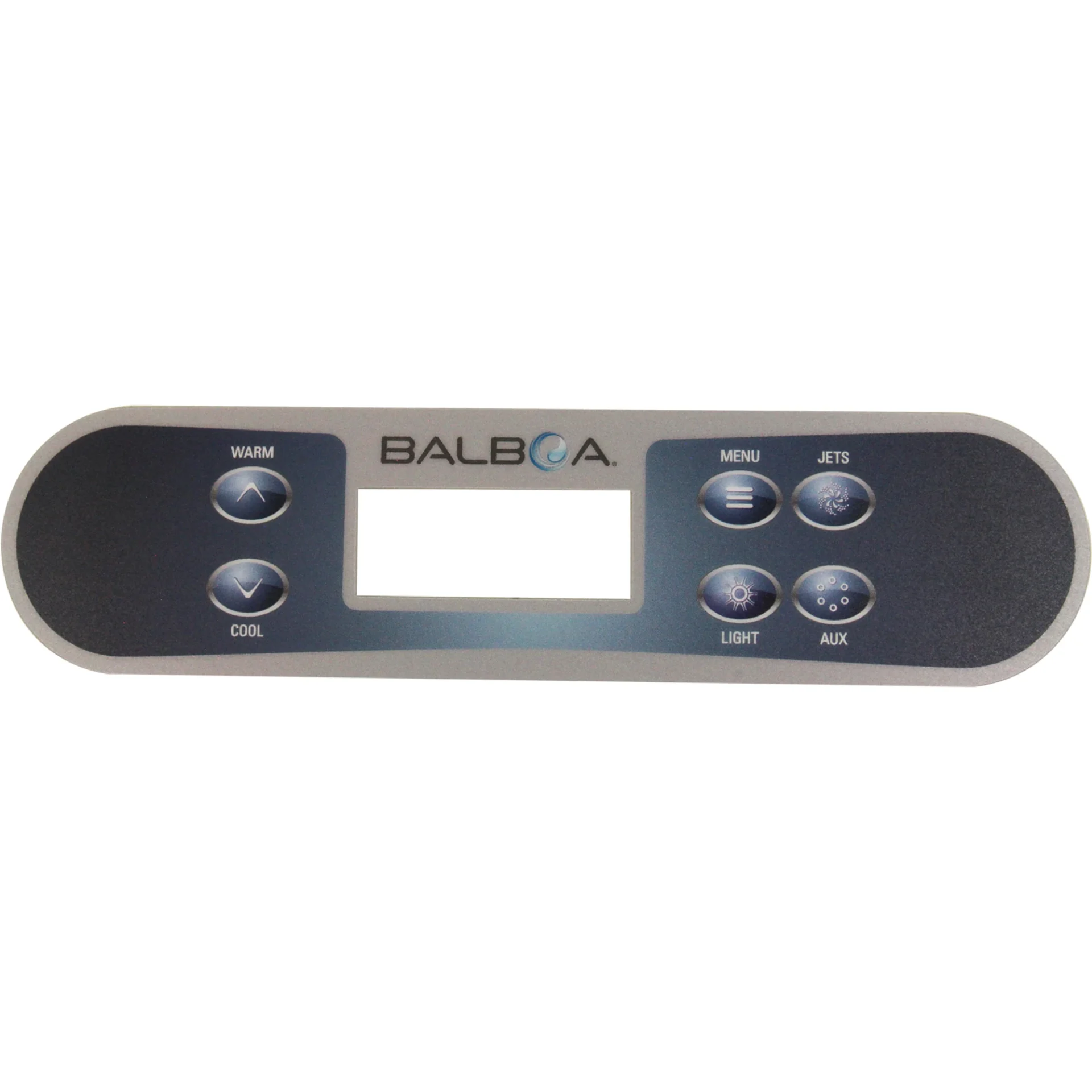 Balboa TP540 6-button topside overlay 80-17351 labeled Warm and Cool on the left, Menu, Jets, Light and Aux on the right