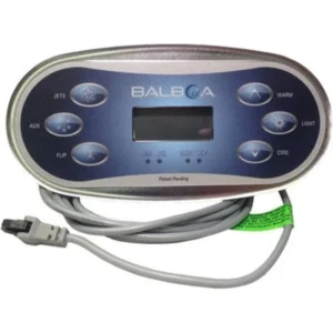 Balboa TP600 LCD topside control with 6-button Jets, Aux, Flip, Warm, Light, Cool overlay and 4-pin Molex cord, part 34-55673-K