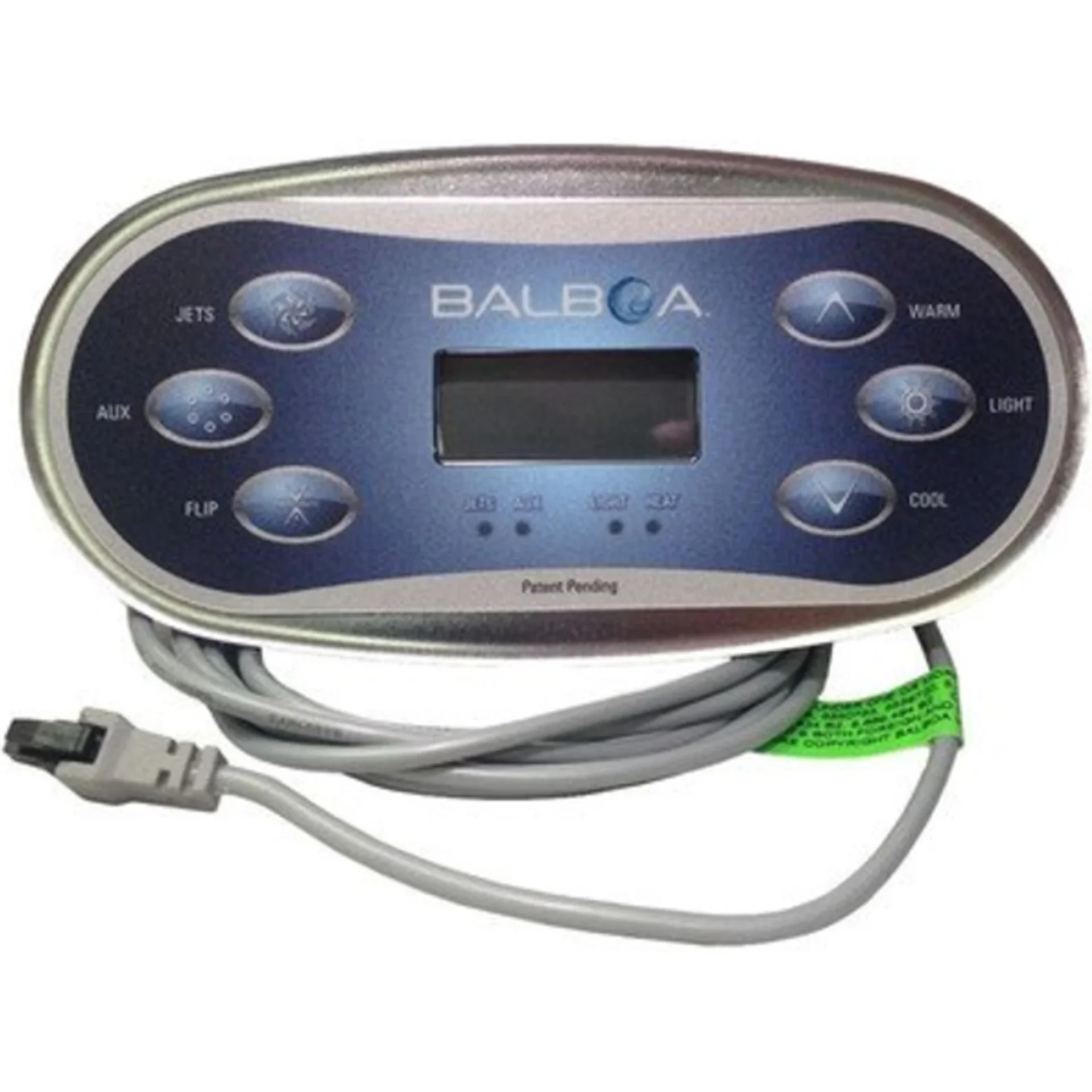 Balboa TP600 LCD topside control with 6-button Jets, Aux, Flip, Warm, Light, Cool overlay and 4-pin Molex cord, part 34-55673-K