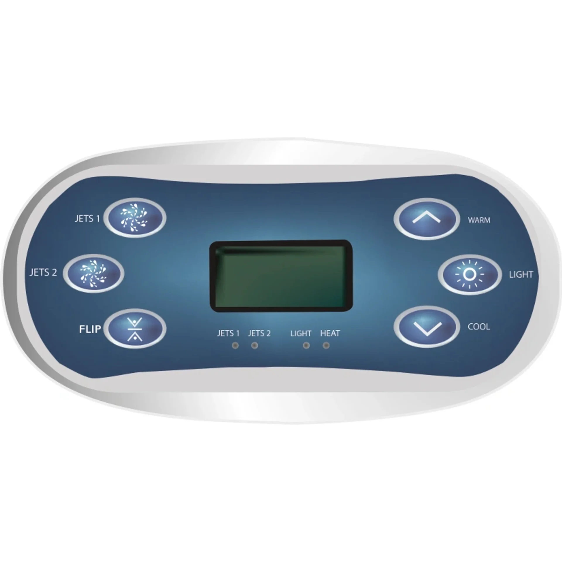 Balboa TP600 LCD topside control with 6-button Jets 1, Jets 2, Flip, Warm, Light, Cool overlay, part 34-50056-K
