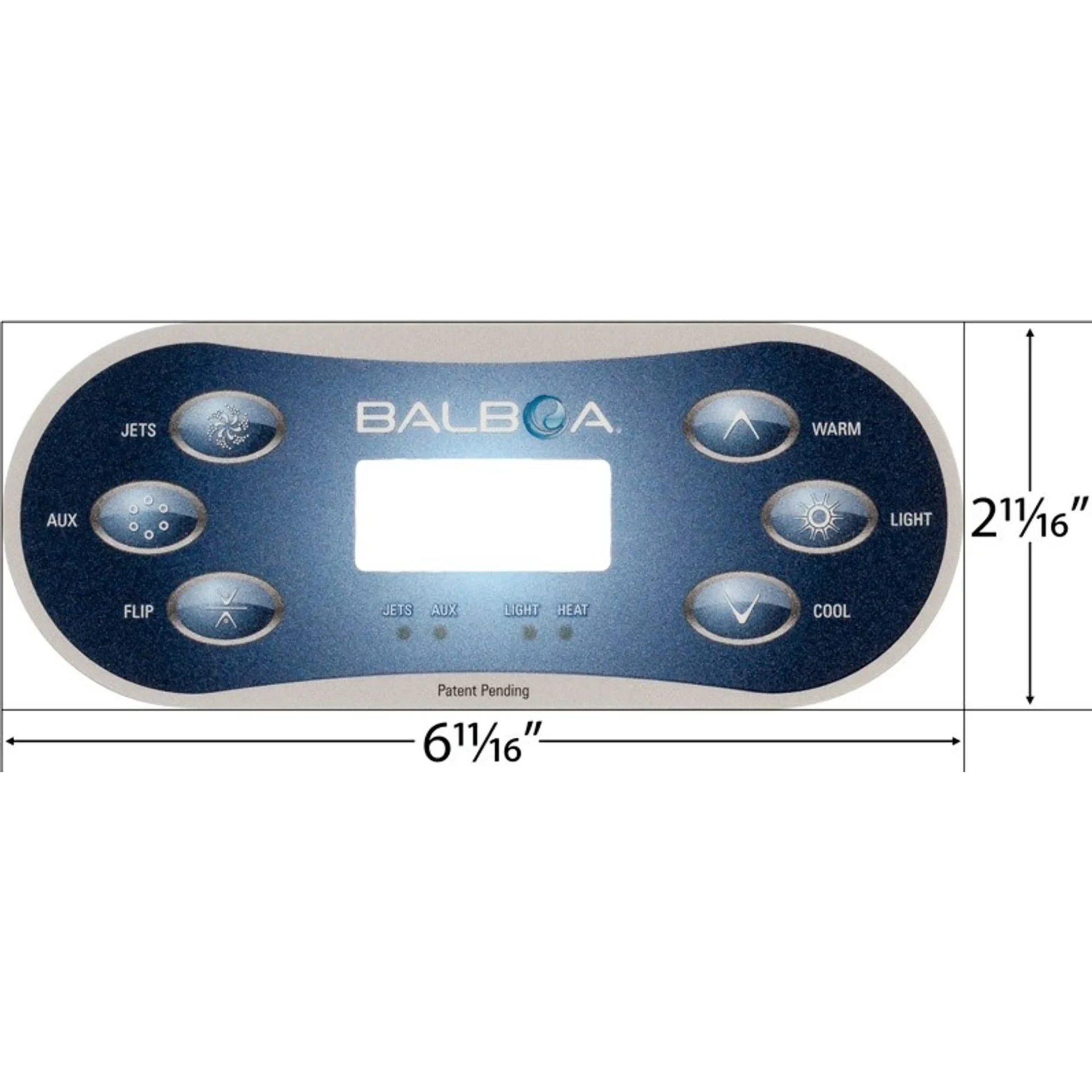 Balboa TP600 6-button topside overlay 80-12101 labeled Jets, Aux, Flip, Warm, Light, Cool, 6-11/16 by 2-11/16 inches