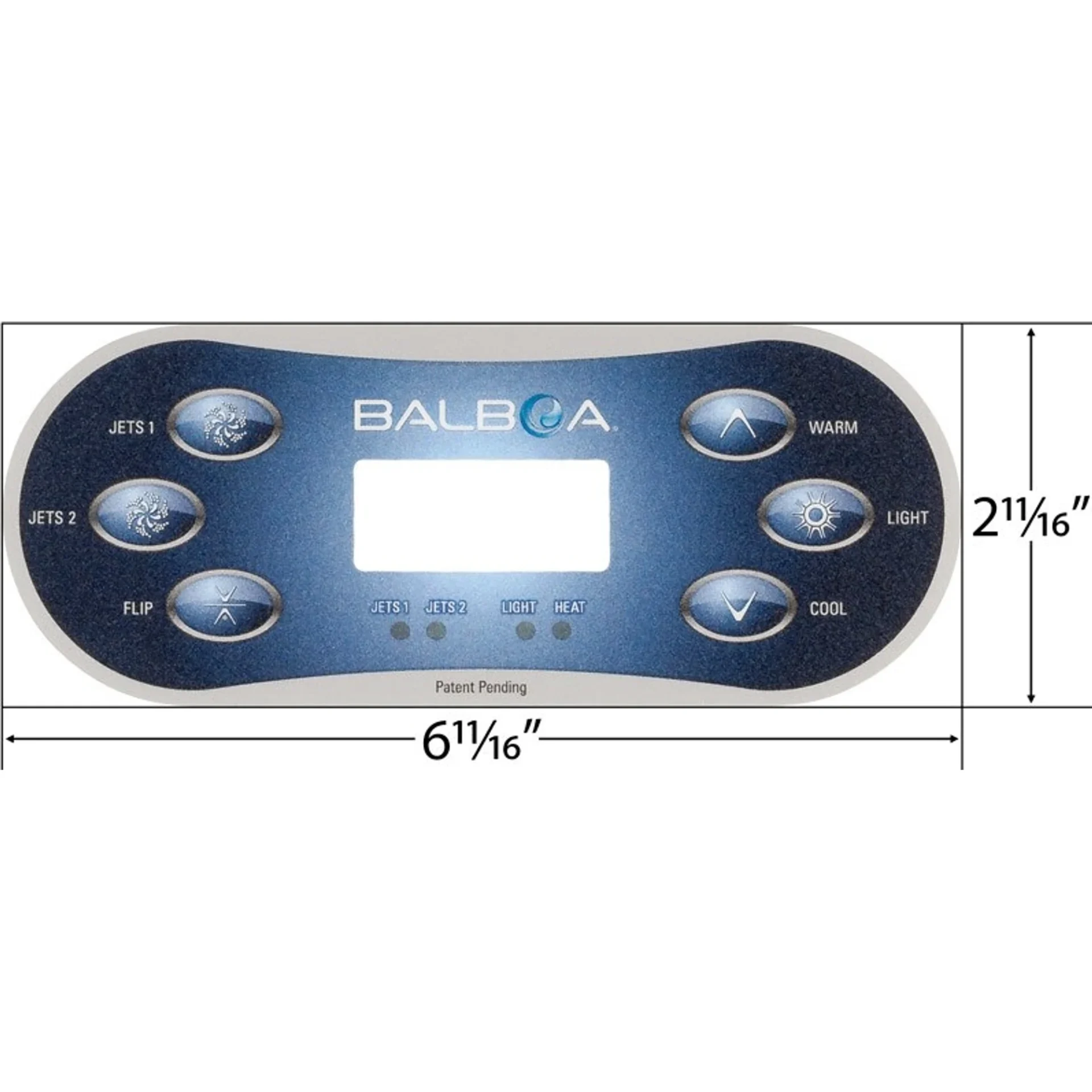 Balboa TP600 6-button topside overlay 80-12198 labeled Jets 1, Jets 2, Flip, Warm, Light, Cool, 6-11/16 by 2-11/16 inches