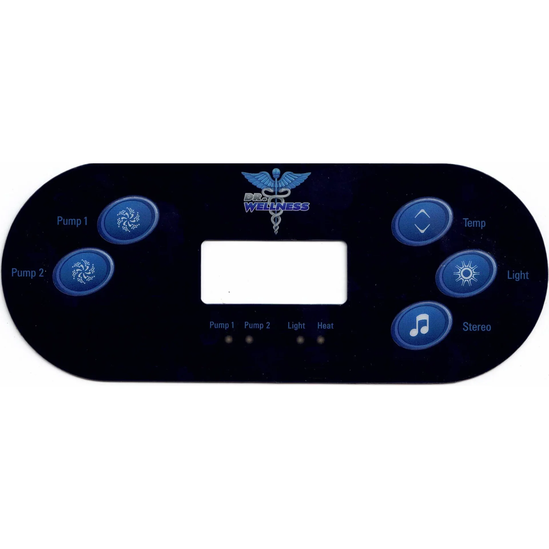 Dr. Wellness Spas topside control overlay with Pump 1 and Pump 2 on the left and Temp, Light and Stereo on the right