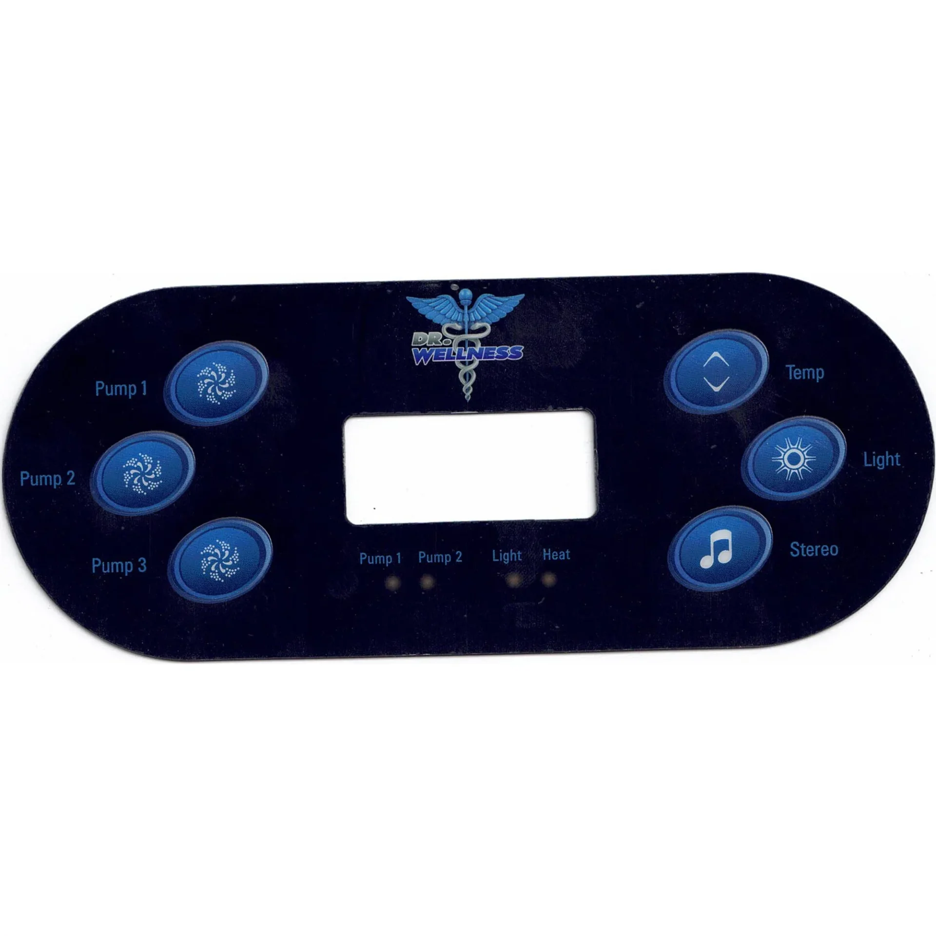 Dr. Wellness Spas topside control overlay with Pump 1, Pump 2, Pump 3 on the left and Temp, Light and Stereo on the right