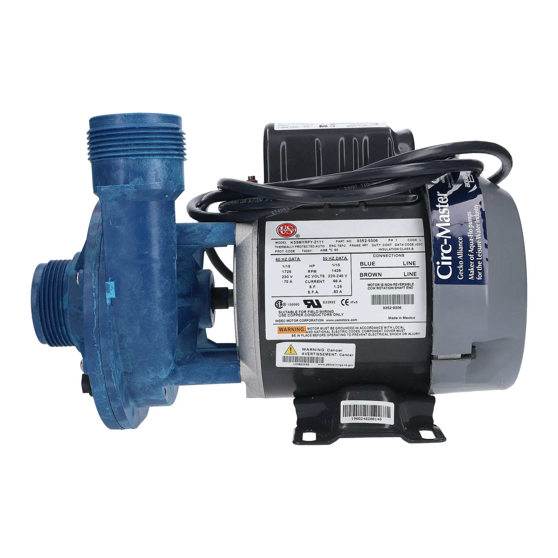 Gecko Aqua-Flo CMHP Circulation Pump – 1/15 HP, 230V, with Air Switch & AMP Plug – 02420014-2010