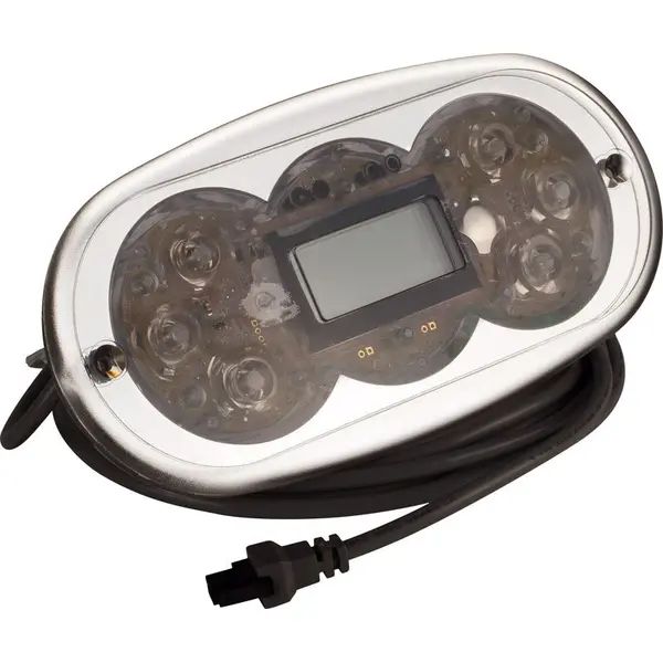 Balboa TP600U topside control panel with chrome bezel, LCD display and attached 4-pin Molex cord, shown bare before the branded overlay is applied