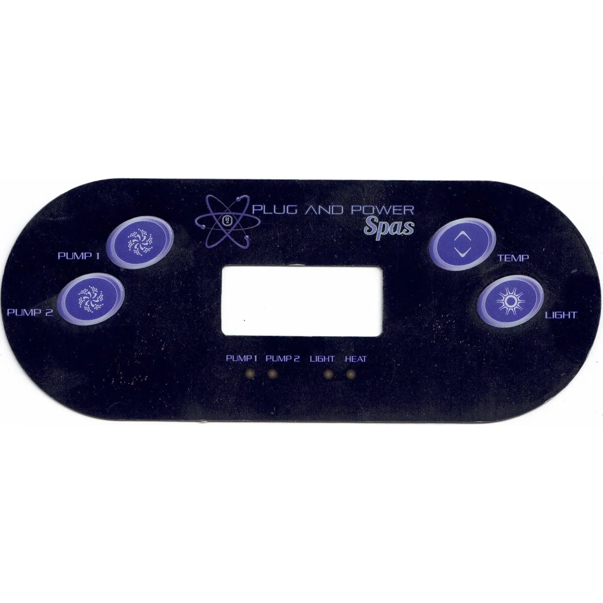 Plug and Power Spas TP600 topside control overlay with Pump 1 and Pump 2 on the left and Temp and Light on the right