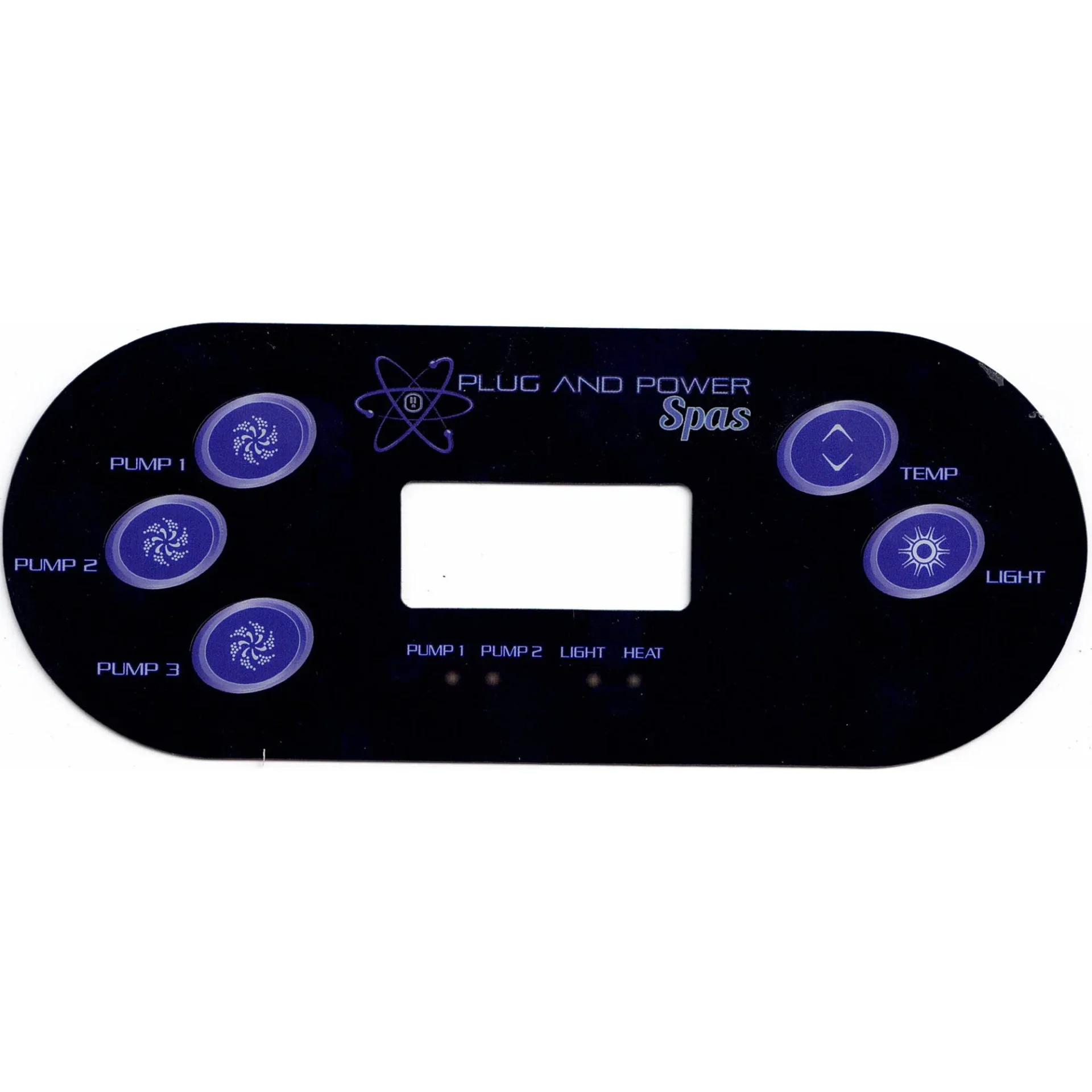 Plug and Power Spas TP600 topside control overlay with Pump 1, Pump 2, Pump 3 on the left and Temp and Light on the right