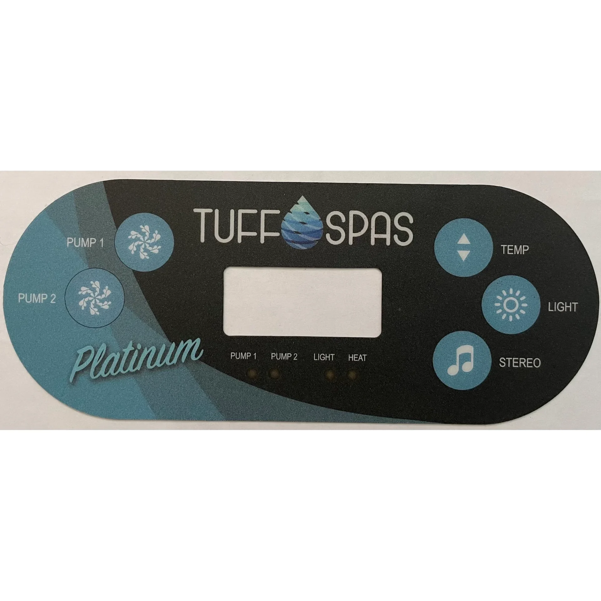 Tuff Spas Platinum topside control overlay with Pump 1 and Pump 2 on the left and Temp, Light and Stereo on the right